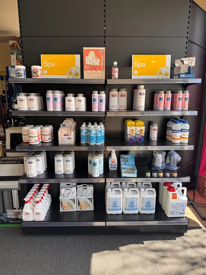 The spa chemical shelves in the Ag Worx shop